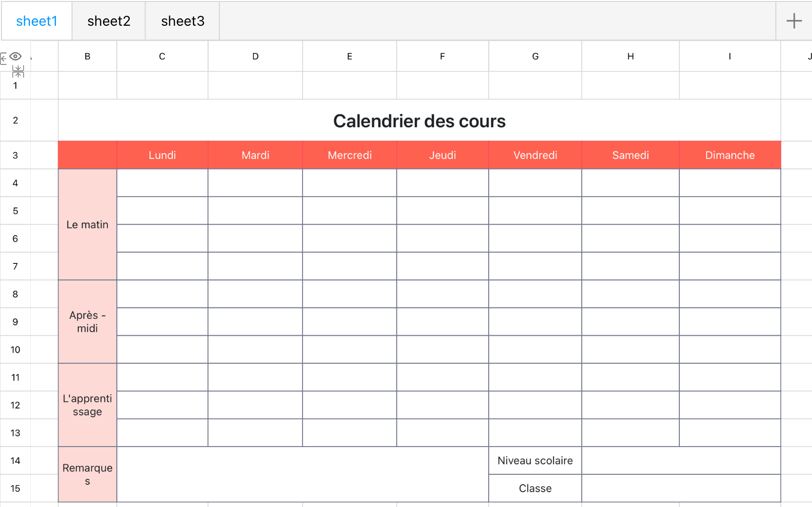 Calendrier des cours Tableau 1 1